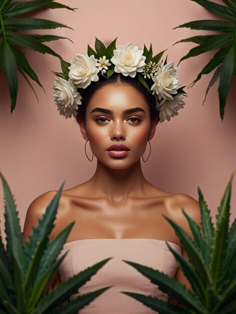 Photo a stunning minimalist image of flower crown and woman in studio for skincare beauty and relax zen