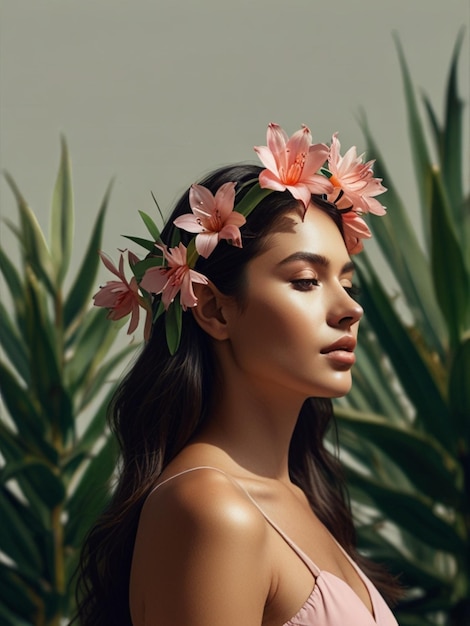 Photo a stunning minimalist image of flower crown and woman in studio for skincare beauty and relax zen