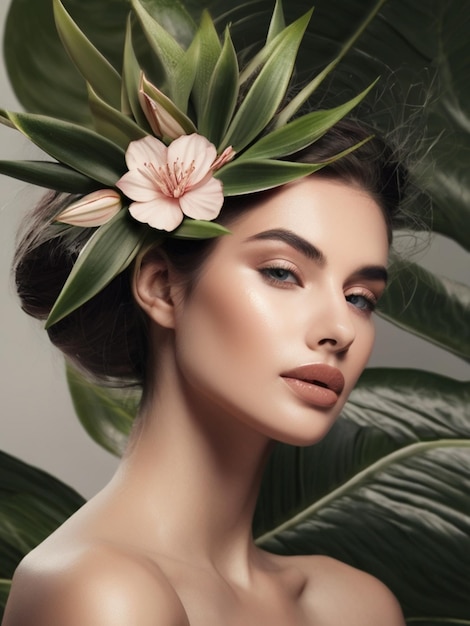 Photo a stunning minimalist image of flower crown and woman in studio for skincare beauty and relax zen