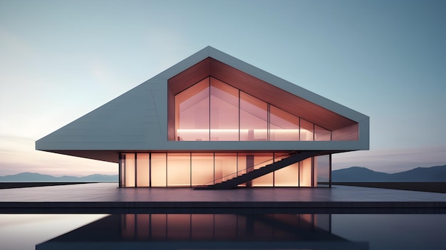 Stunning Minimalist Modern Architecture Building Reflected in Tranquil Lake Scenery at Sunset