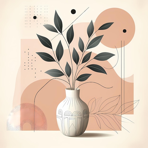 Photo a stunning minimalist painting of a plant with leaves artfully placed in a ceramic vase