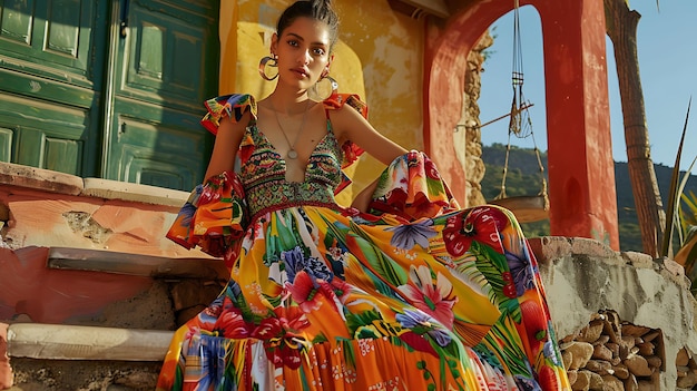 Stunning model in a colorful floral maxi dress poses on the steps of a Mediterranean villa