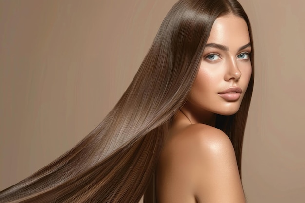 Stunning model with sleek straight hair and keratin treatment for smooth style Beauty care and spa treatments