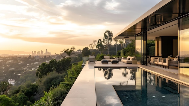 Photo a stunning modern home in beverly hills with large windows and glass doors overlooking the city of l