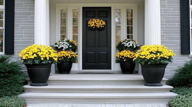 Photo a stunning modern home entrance features sleek grey stone walls a black garage door and wooden stairs adorned with yellow flower pots on either side