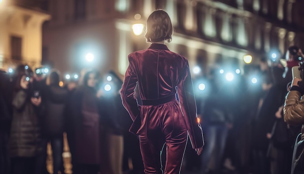 Stunning modern white woman poses for camera while standing on sidewalk fashion model