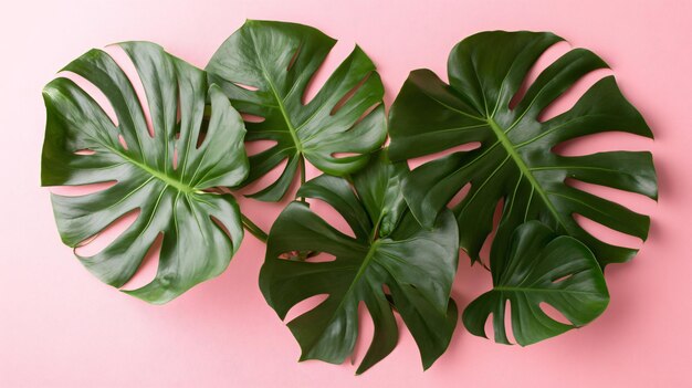 Photo stunning monstera leaves on pink background flat lay