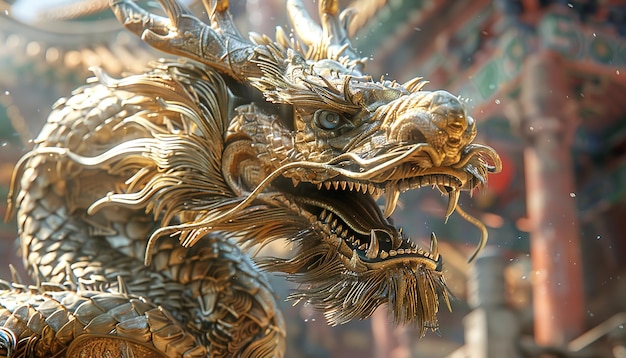 Photo a stunning monument of a glittering dragons having an angry gaze which represents legend and fable lies in the heart of a historic temple in china generative ai