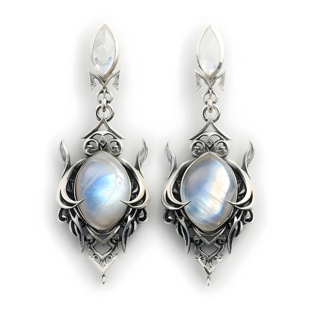 Stunning Moonstone and Sterling Silver Celestial Fantasy Earrings on Isolated White Background