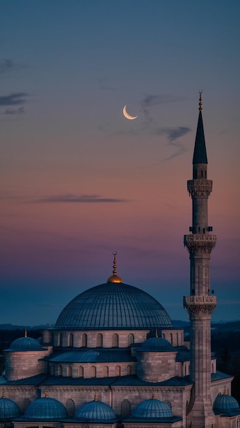 Photo stunning mosque sunset with crescent moon photorealistic islamic architecture