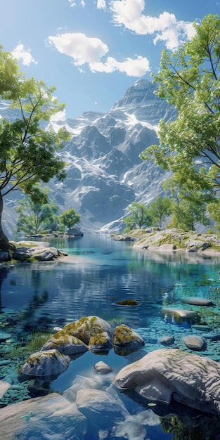 Stunning mountain lake landscape with crystal clear water and snowcapped peaks