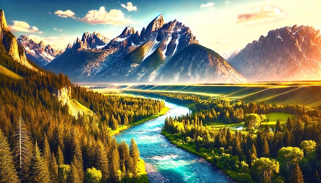 A stunning mountain landscape with a clear river flowing through the majestic mountains