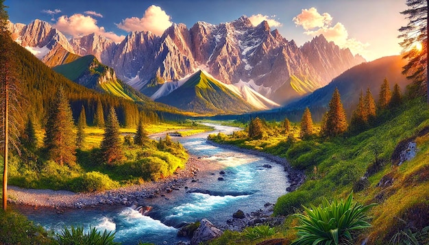 A stunning mountain landscape with a clear river flowing through the majestic mountains