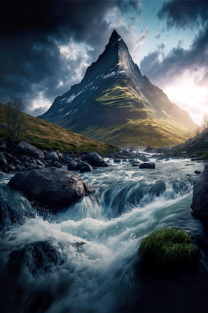 Stunning mountain peak waterfall