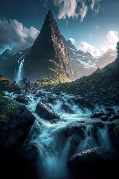 Stunning mountain peak waterfall