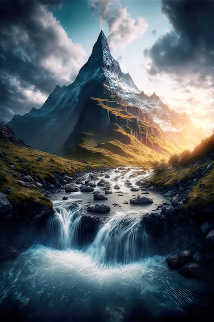 Stunning mountain peak waterfall