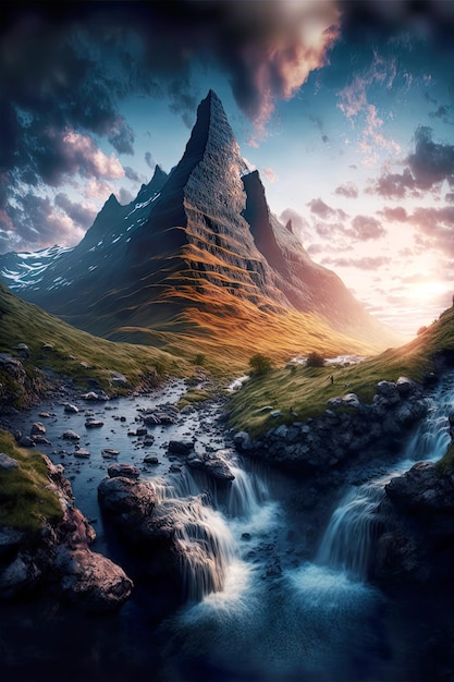 Stunning mountain peak waterfall