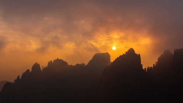 Stunning mountains sunrise landscape at yellow mountain, China.