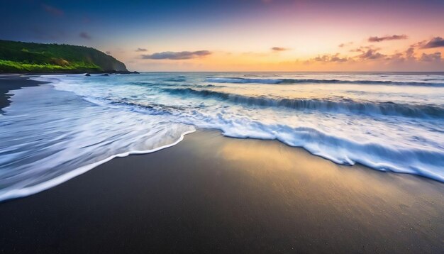 Photo a stunning natural landscape featuring a black sandy beach that meets the vast shimmering ocean