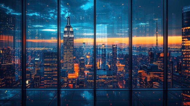 Stunning night cityscape showcasing building lights and urban architecture from a glass skyscraper o