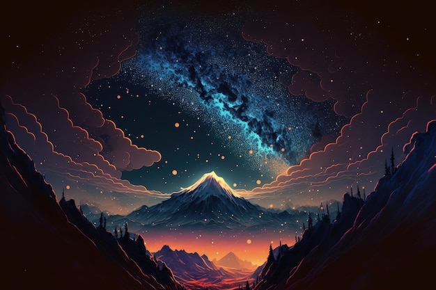 In the stunning night sky there are mountains the Milky Way and stars