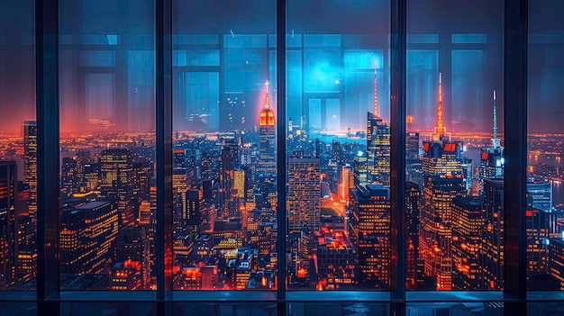 Stunning nighttime cityscape view from a highrise window with illuminated modern skyscrapers and cit