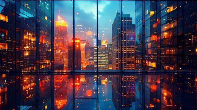 Stunning nighttime cityscape with reflections of skyscrapers in glass windows capturing the urban sk