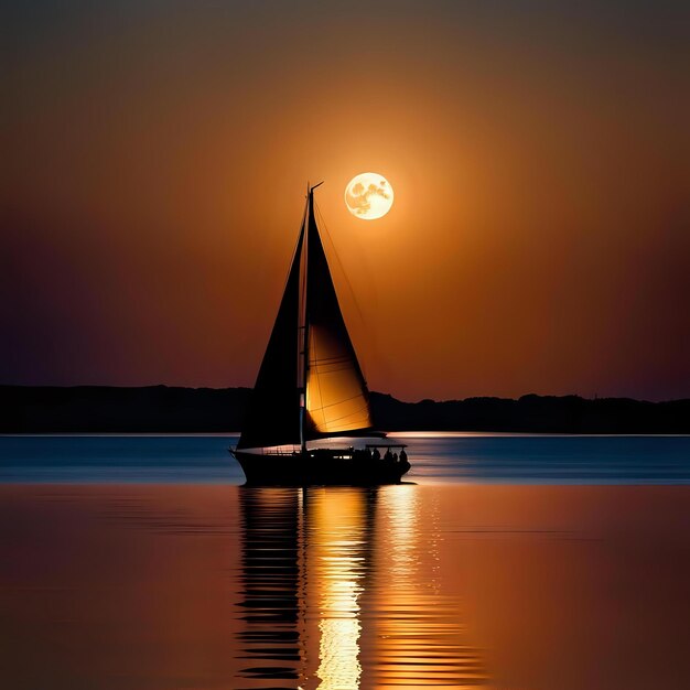 Photo stunning nighttime scene with boat and moon