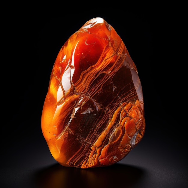 Photo stunning orange amber with thin stripes and beautiful patterns on a dark background