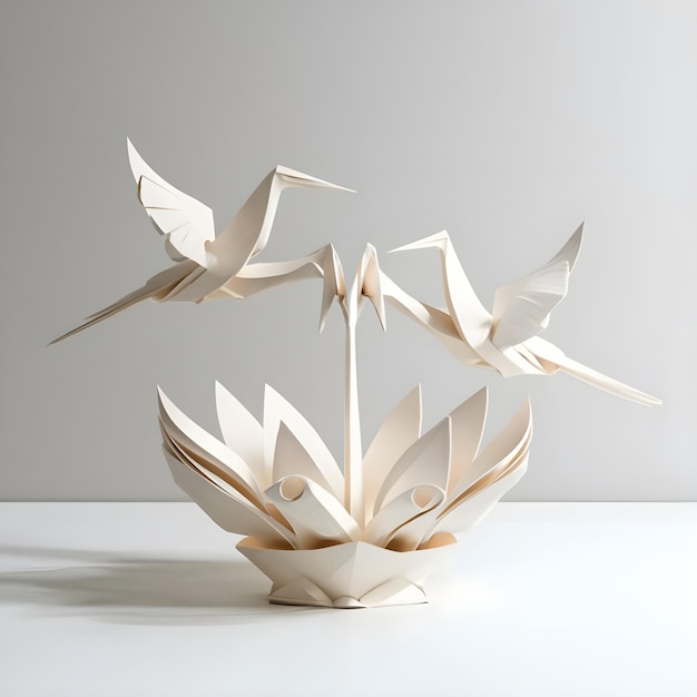 A stunning origami creation of intertwined white birds Ai generated