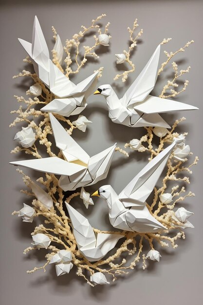 Photo a stunning origami creation of intertwined white birds origami art captures the graceful beauty of nature