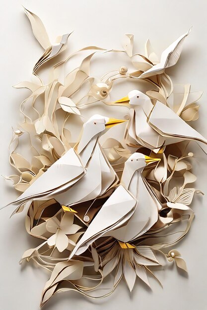 Photo a stunning origami creation of intertwined white birds origami art captures the graceful beauty of nature