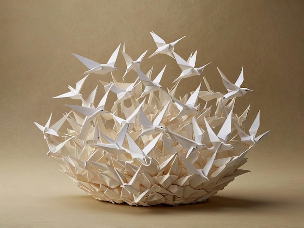 A stunning origami creation of intertwined white birds origami art captures the graceful