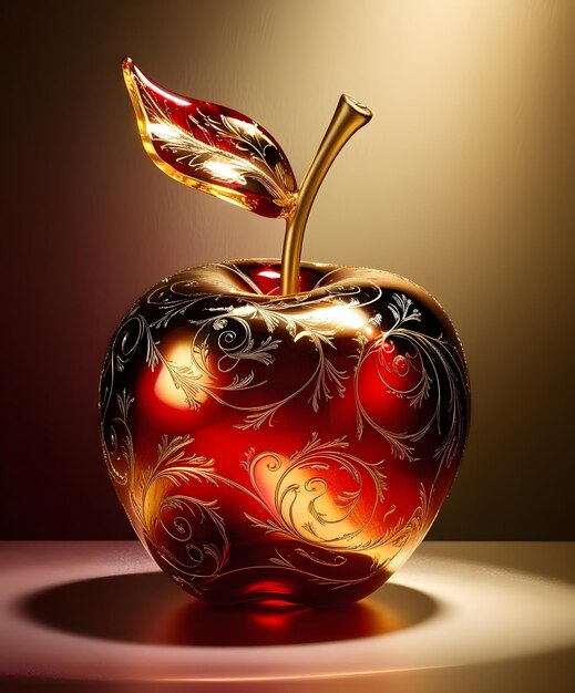 Photo a stunning ornate gold and red glass apple adorned with detailed etchings and swirling patterns