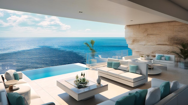 A stunning outdoor living room with a panoramic view of a turquoise sea offering a luxurious summer sanctuary