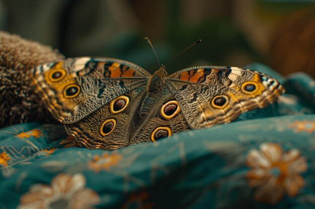 Photo stunning owl butterfly close up of pretty patterned morpho butterfly resting on human blue shirt