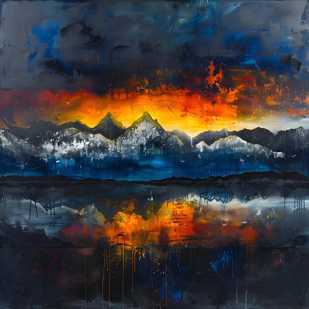 a stunning painting capturing a mountain range at sunset with vibrant colors reflecting off the