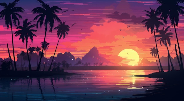 A stunning painting capturing the natural beauty of a sunset over palm trees in a tropical beach setting Generative AI