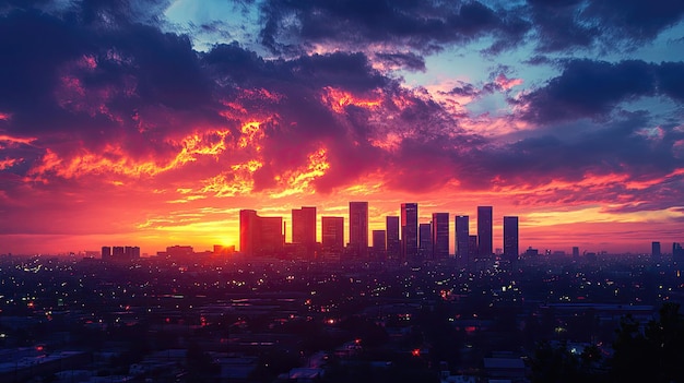 Photo a stunning panoramic view of a city skyline at sunset the sky is ablaze with vibrant colors casting a warm glow over the buildings