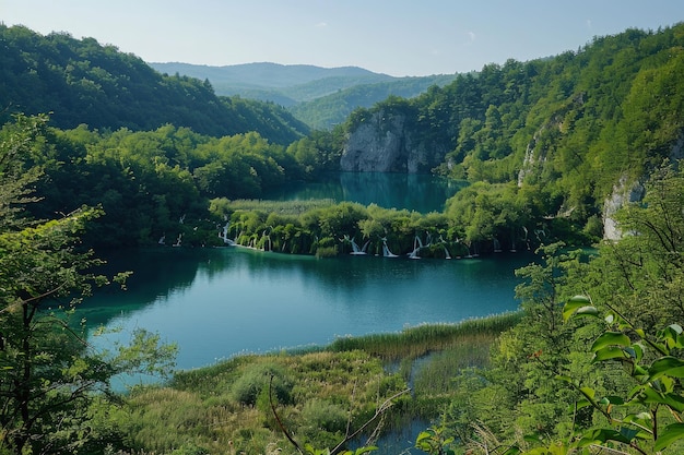 Stunning Panoramic View of Plitvice Lakes National Park Serene Waters and Rich Foliage