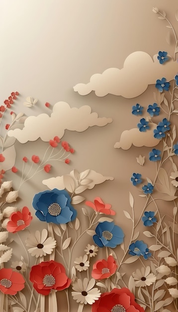 Stunning Paper Art Flowers With Blue Red and Cream Blooms Amidst Artistic White Clouds and Sunlit