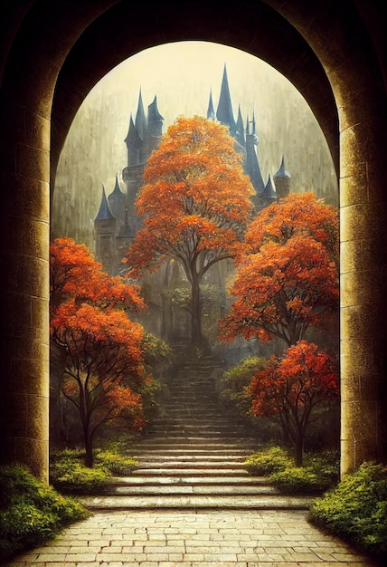 Stunning pathway to castle fantasy scenery 3d illustration art