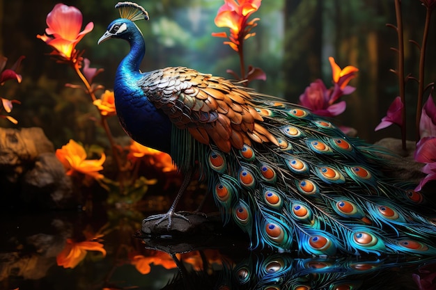 Stunning peacock displays plumage in Garden Enchanted generative IA