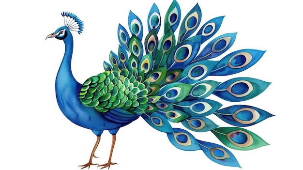 Stunning peacock with vibrant colors in a watercolor illustration on white background