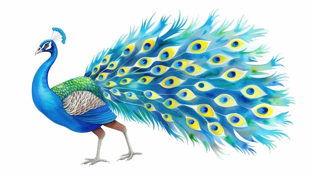 Stunning peacock with vibrant colors in a watercolor illustration on white background