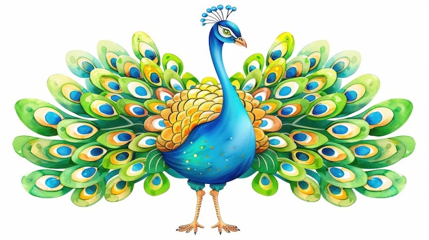 Stunning peacock with vibrant colors in a watercolor illustration on white background