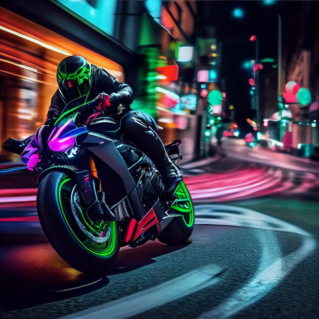 Stunning photo of biker motorcyclist driving sportbike with neon lights