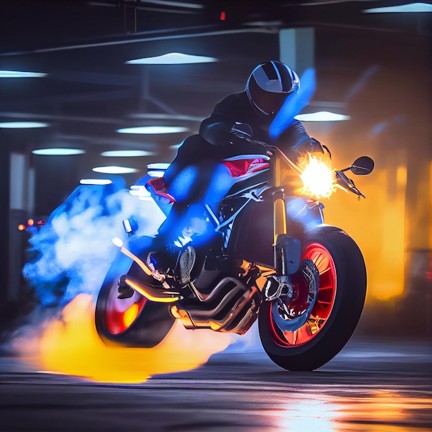 Stunning photo of biker motorcyclist driving sportbike with neon lights