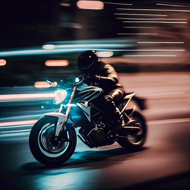 Stunning photo of biker motorcyclist driving sportbike with neon lights