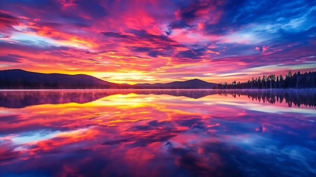 Photo stunning photo capturing the vivid colors of a sunset reflected on the still waters of a serene lake with silhouetted mountains